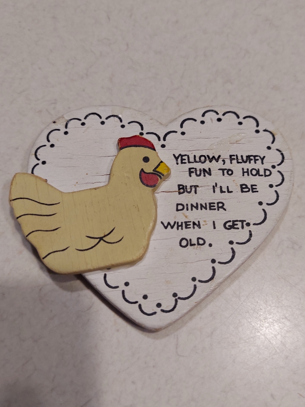 Heart-Shaped Wooden  refrigerator magnet with Yellow Chicken / Hen  Vintage